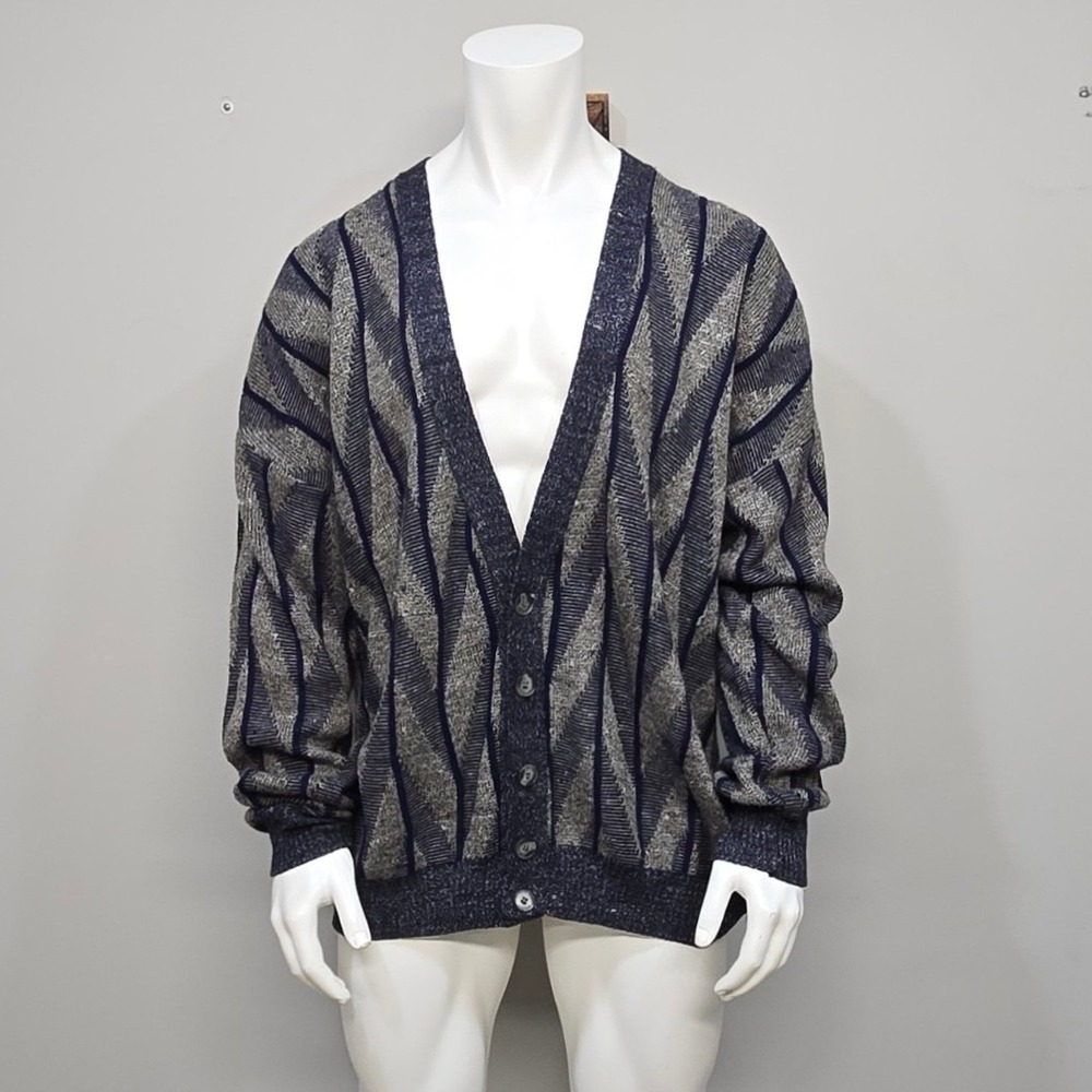 Vintage 90s Damon Cardigan Sweater Men 2XLT Blue Made Italy Wool Blend Geometric
